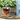 Glass cup of Organic Relieve Stress Tea with deep amber color, dried herbs and lavender on a wooden tray, and blue floral tea tin in the background.