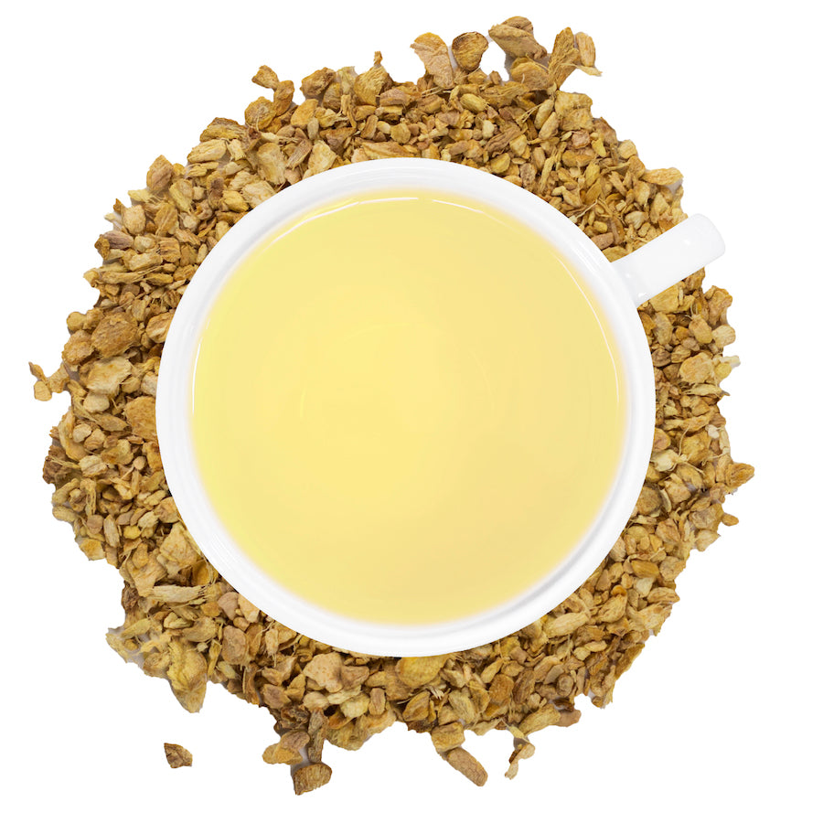 A white mug filled with ginger root tea with ginger root around the mug.