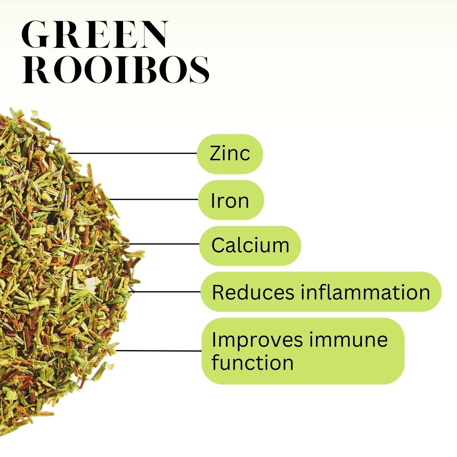 A graphic for green rooibos with these words: Zinc, Iron, Calcium, Reduces inflammation, Improves immune function 