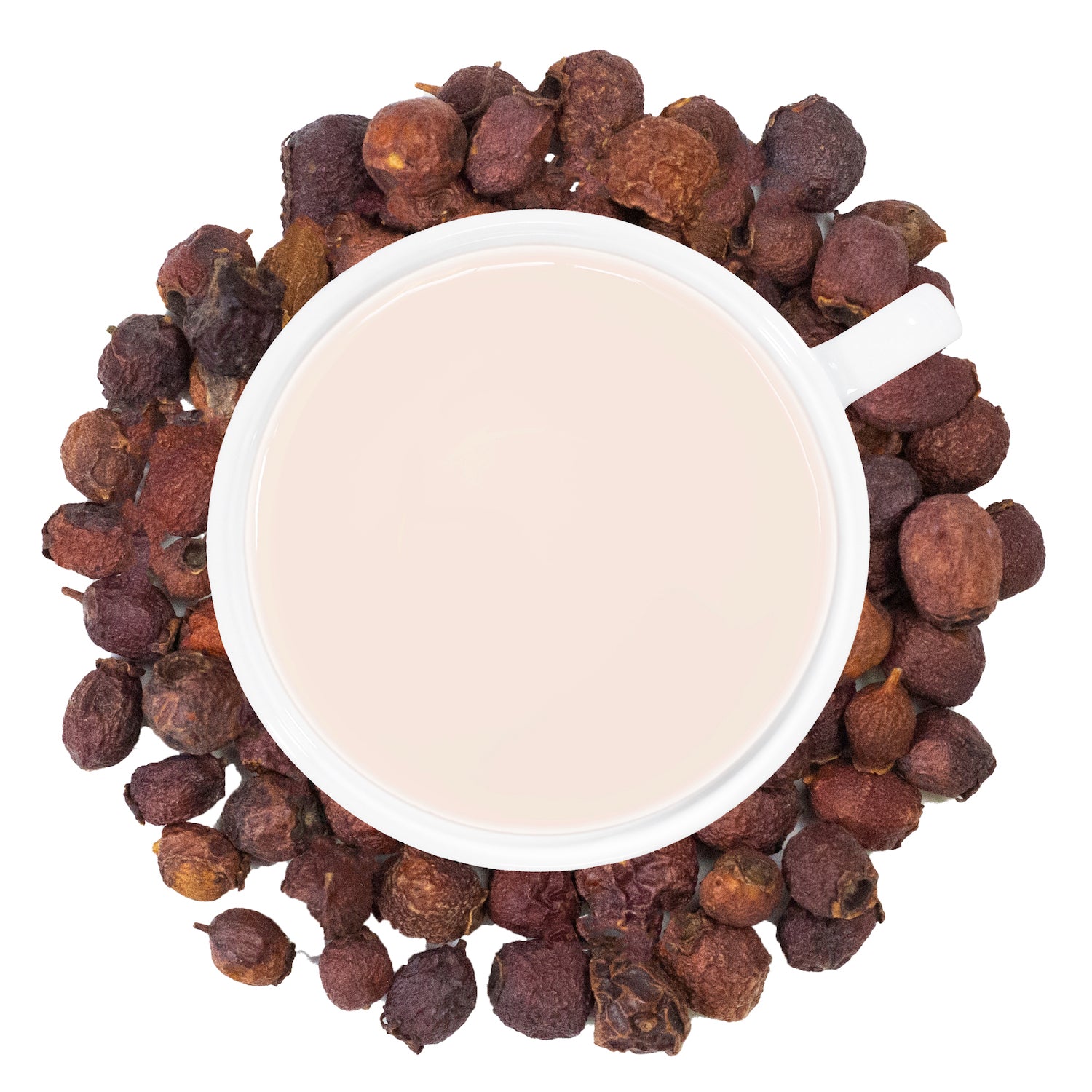 A white cup of Organic Hawthorn Berry tea, surrounded by dried hawthorn berries.