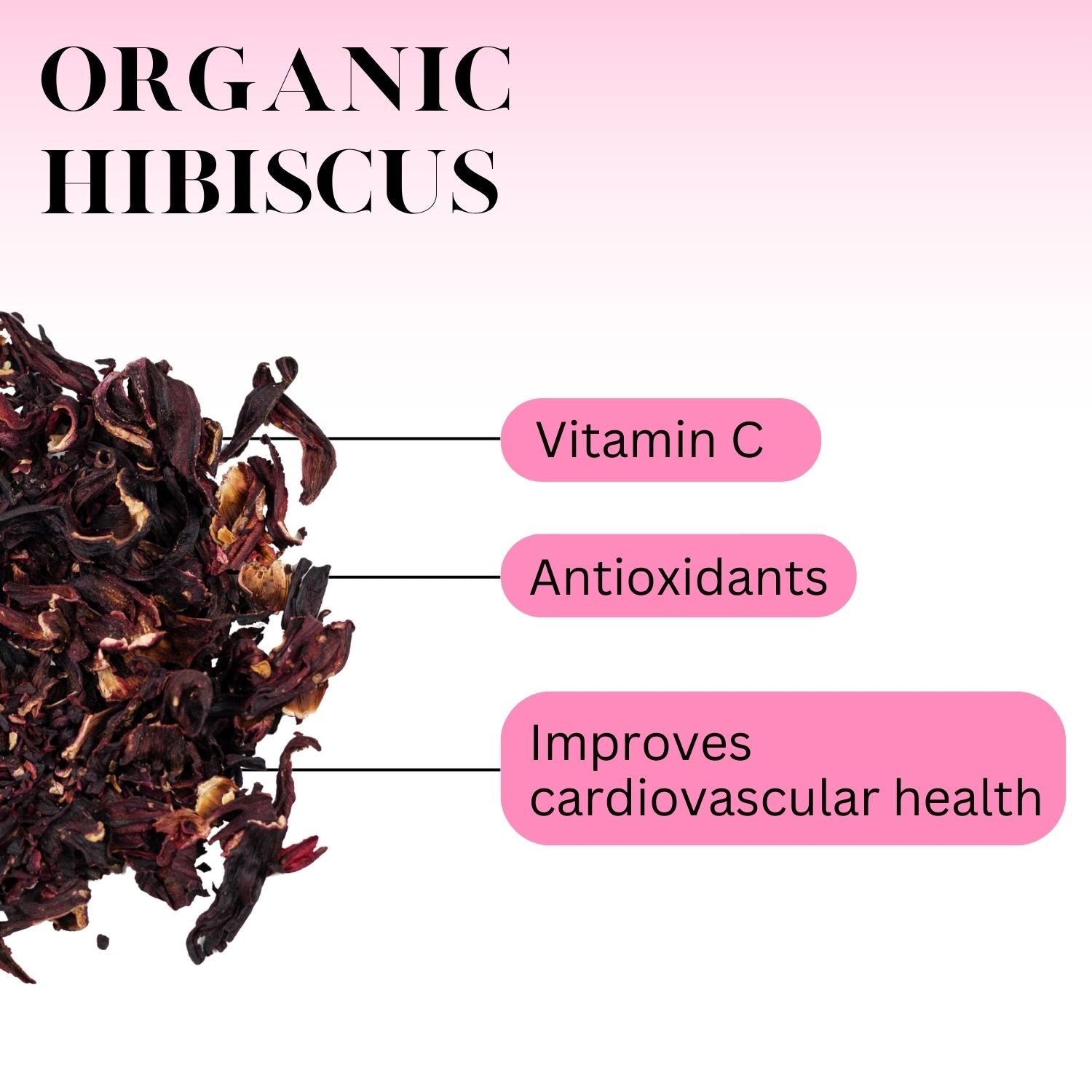 Graphic labeled ‘Organic Hibiscus’ showing dried hibiscus petals on the left with three pink text bubbles pointing to them, reading: ‘Vitamin C,’ ‘Antioxidants,’ and ‘Improves cardiovascular health,’ on a white and pink gradient background.