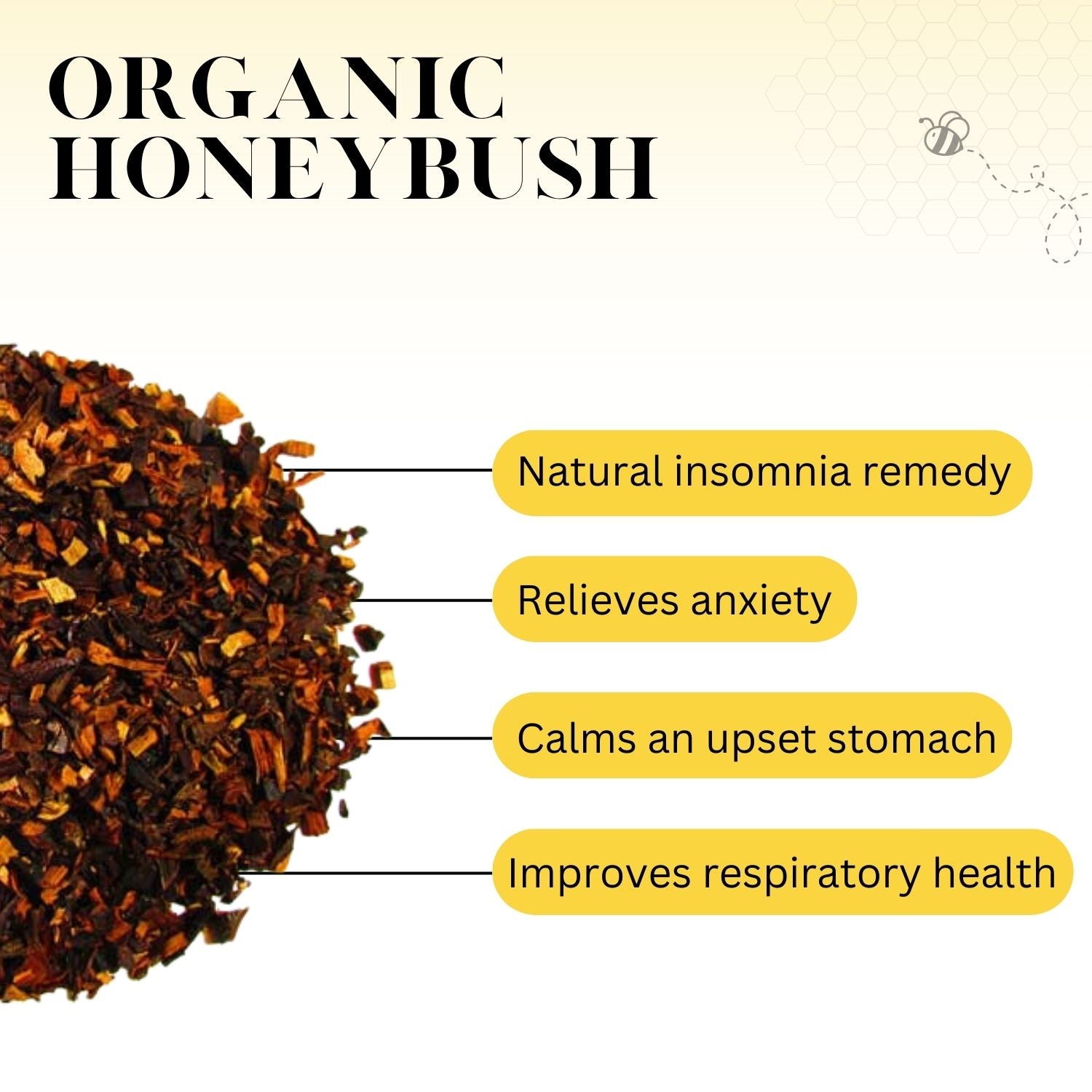 A graphic of Organic Honeybush with these words: Natural insomnia remedy, Relieves anxiety, Calms an upset stomach, Improves respiratory health 