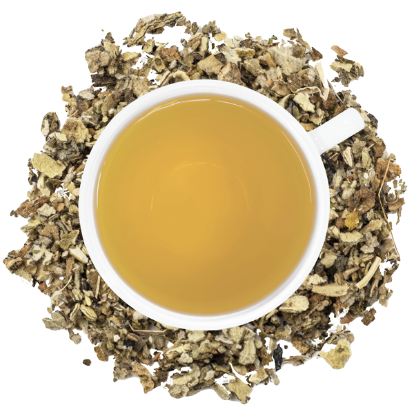 A white cup of Organic Mullein Tea surrounded by the loose leaf tea.