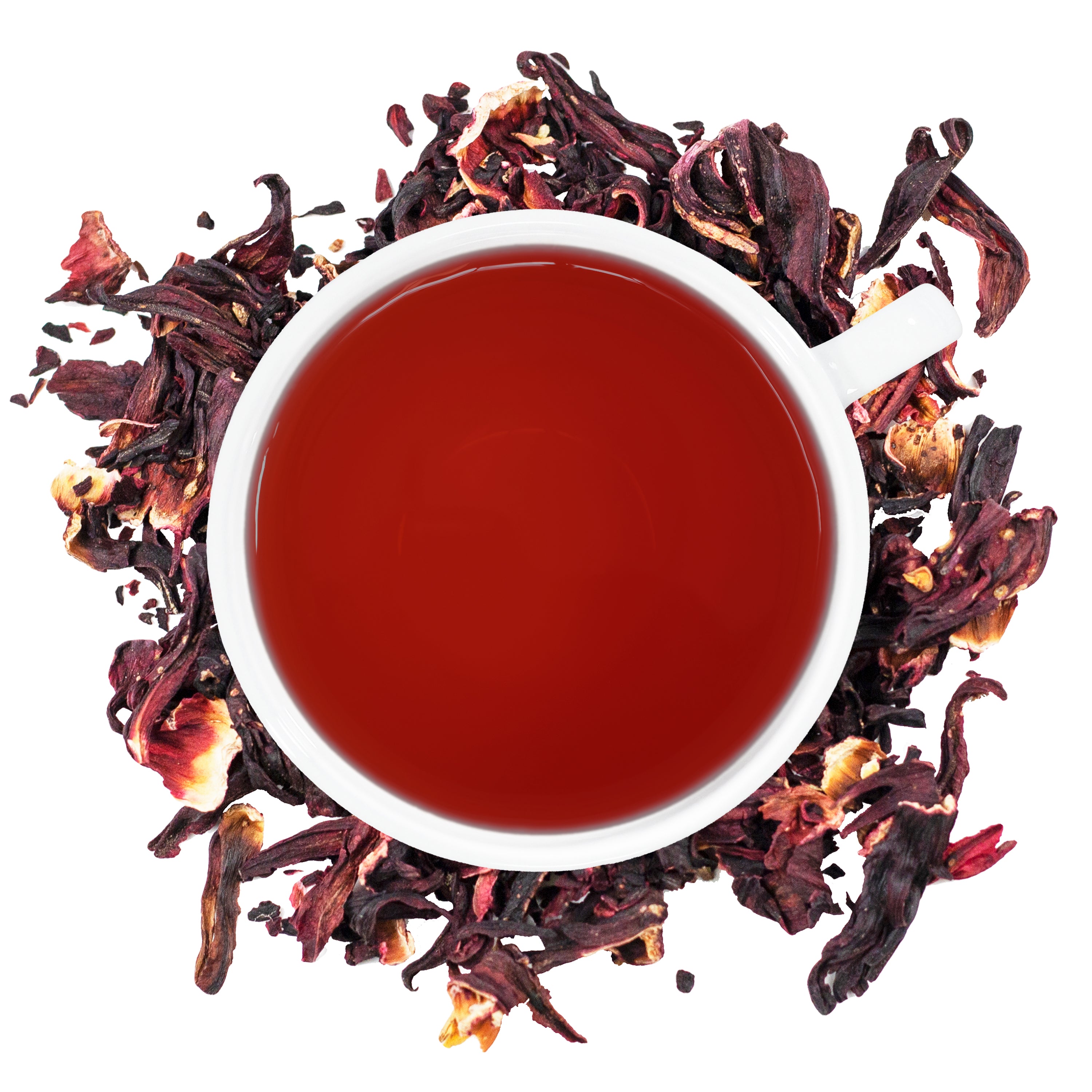 A white mug filled with Hibiscus Tea surrounded by dried hibiscus leaves.