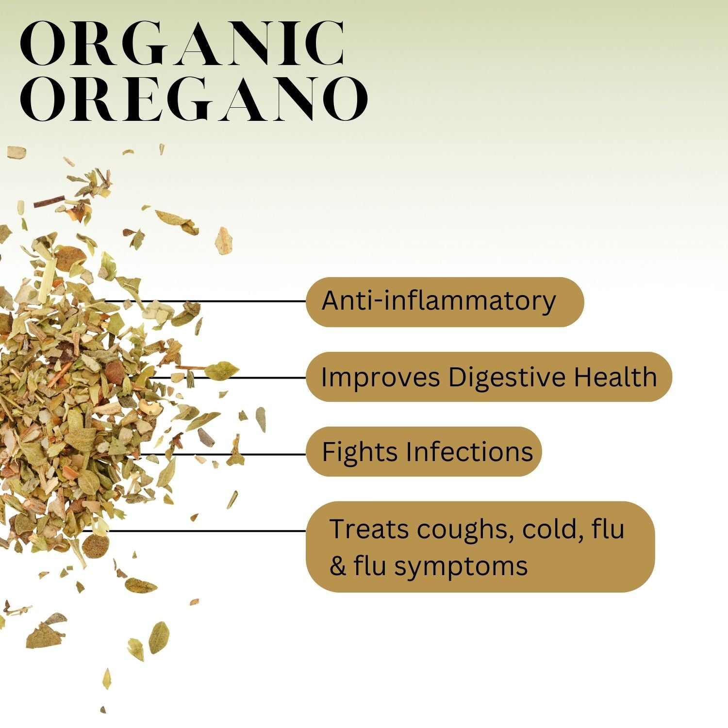 A graphic for Organic Oregano that reads: Anti-inflammatory, Improves Digestive Health, Fights Infections, Treats coughs, cold, flu, & flu symptoms
