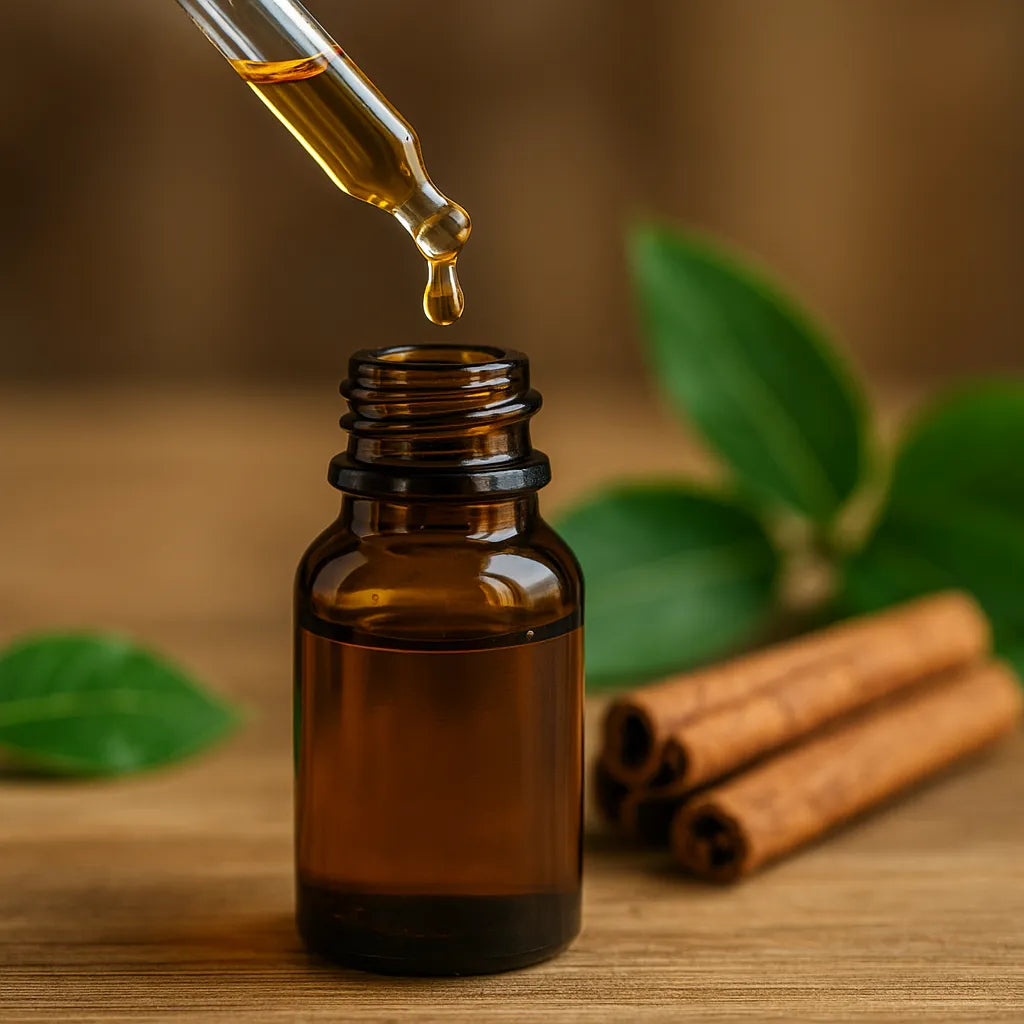 Brown glass bottle with dropper on a wooden surface with cinnamon sticks and leaves.