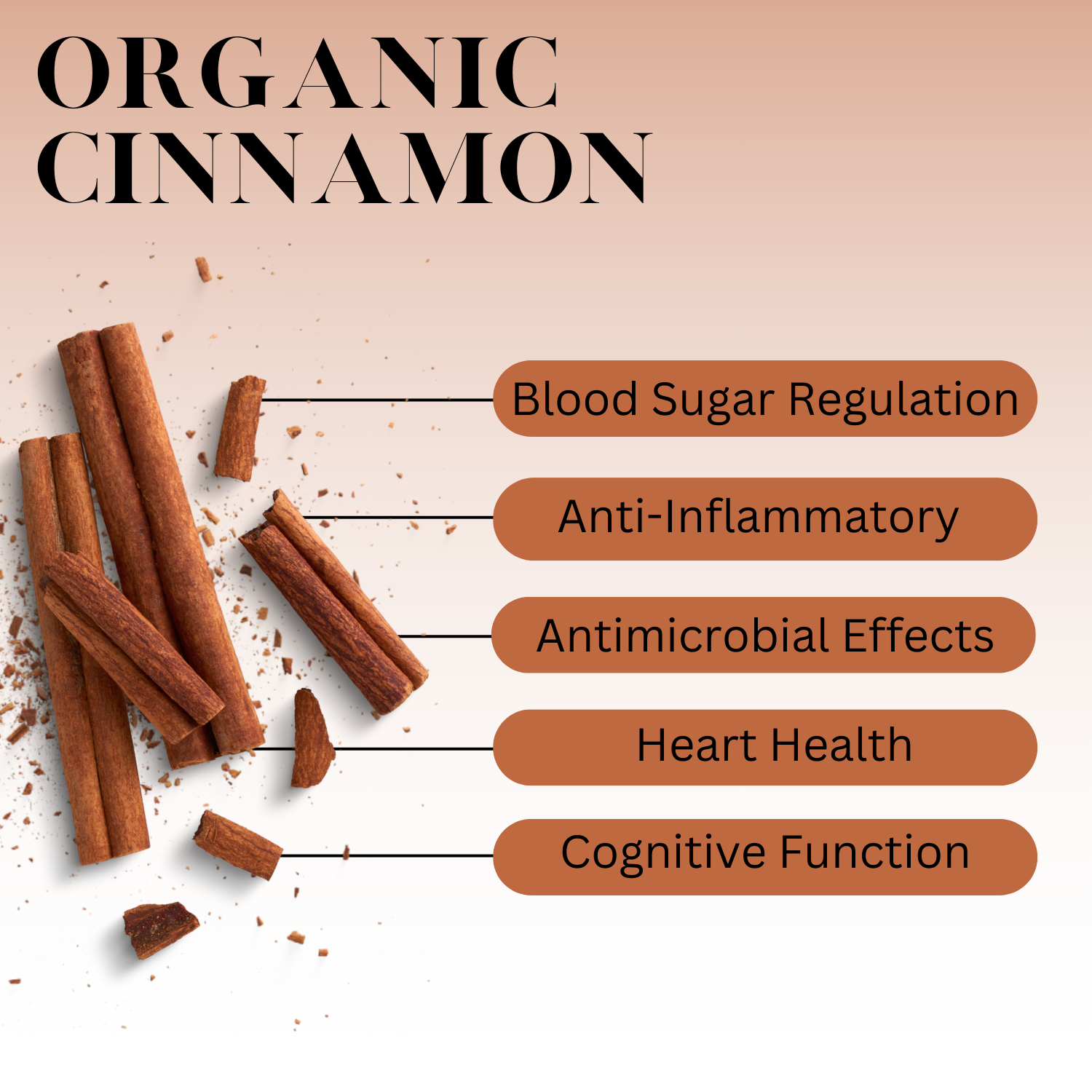 Infographic titled “Organic Cinnamon” featuring cinnamon sticks on a light background with labeled health benefits: blood sugar regulation, anti-inflammatory, antimicrobial effects, heart health, and cognitive function.