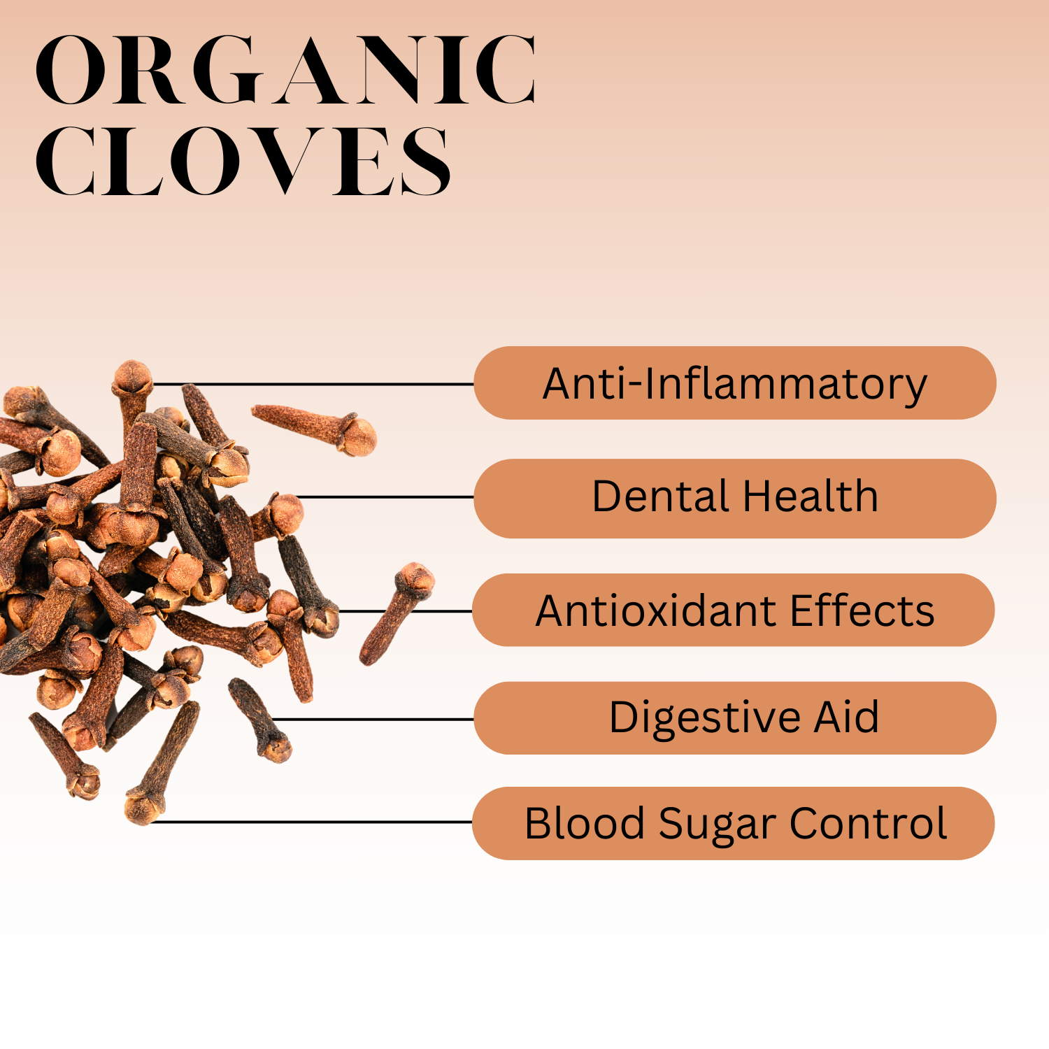Infographic titled “Organic Cloves” featuring cloves on a beige background with labeled benefits: anti-inflammatory, dental health, antioxidant effects, digestive aid, and blood sugar control.