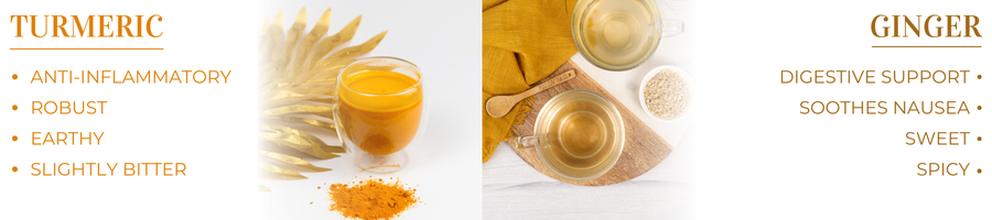 A graphic detailing some flavor and health benefits for Turmeric and Ginger.