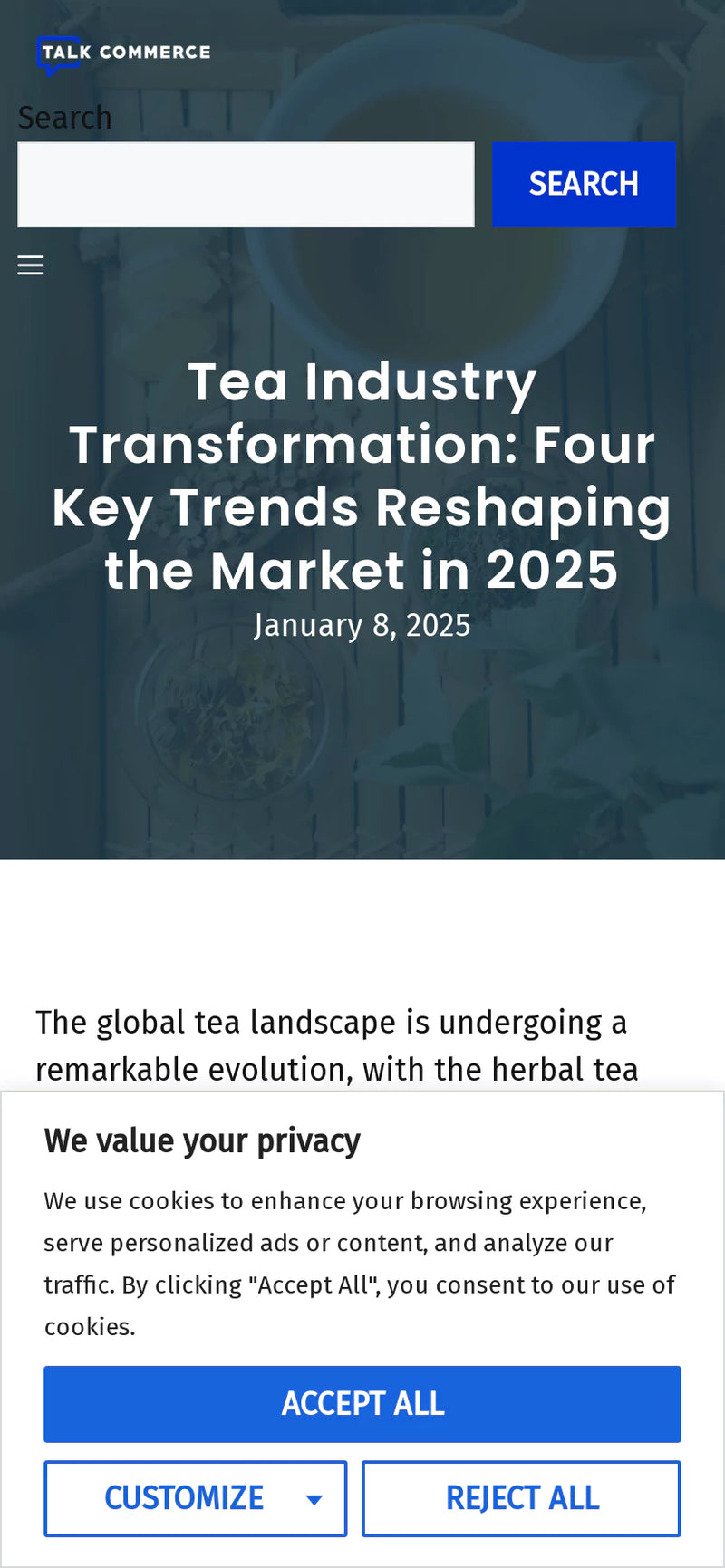 Screen shot of the Talk Commerce website article titled "Tea Industry Transformation: Four Key Trends Reshaping the Market in 2025"