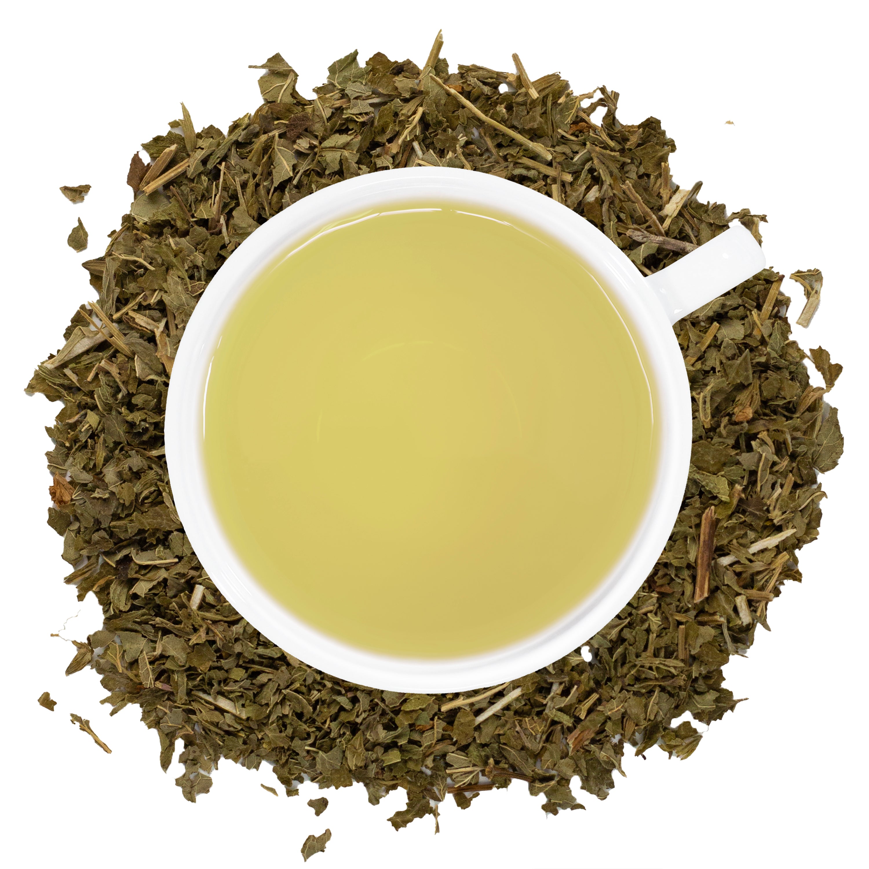 A mug of lemon balm tea surrounded by lemon balm herbs