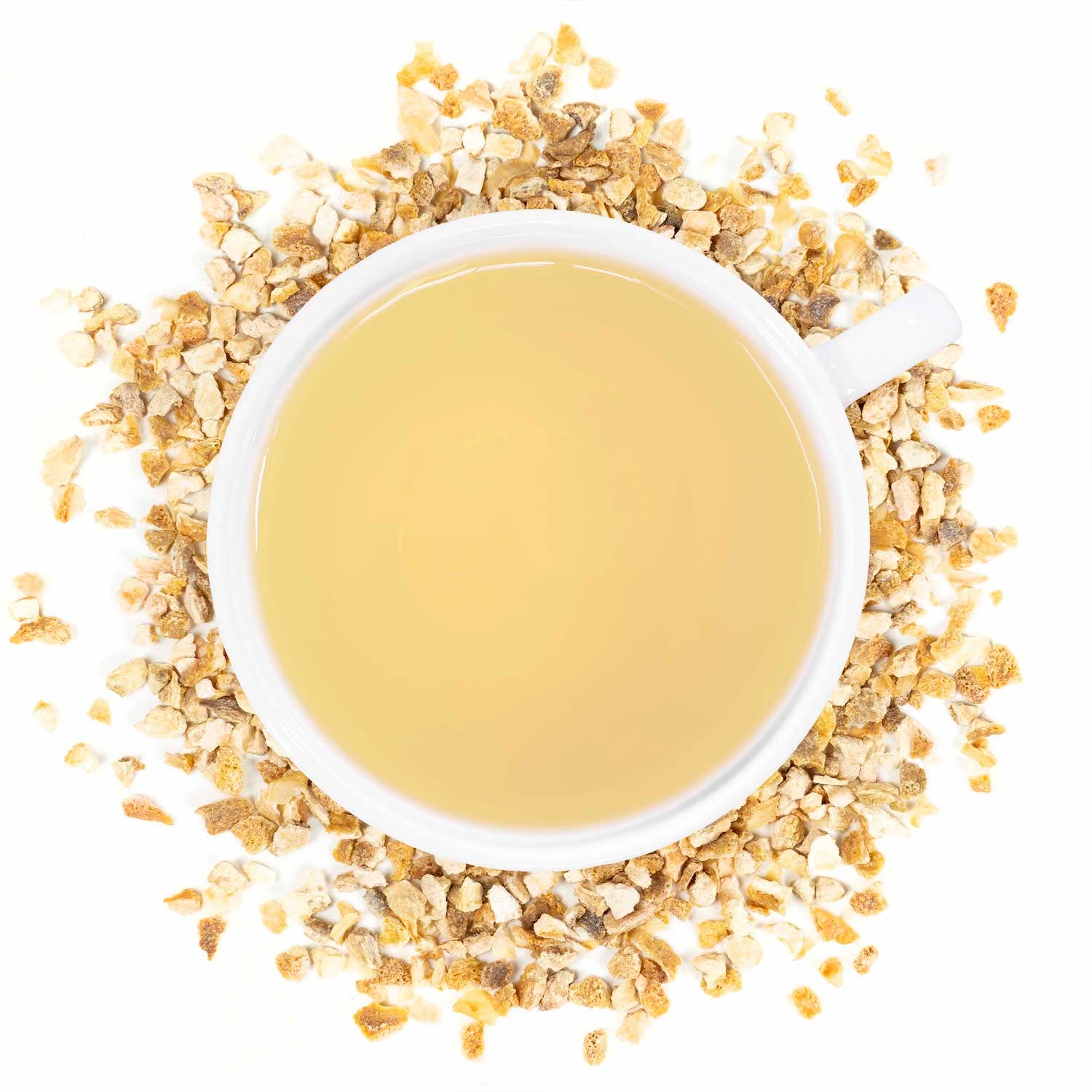 A white cup of Organic Lemon Peel tea, surrounded by the ingredient.