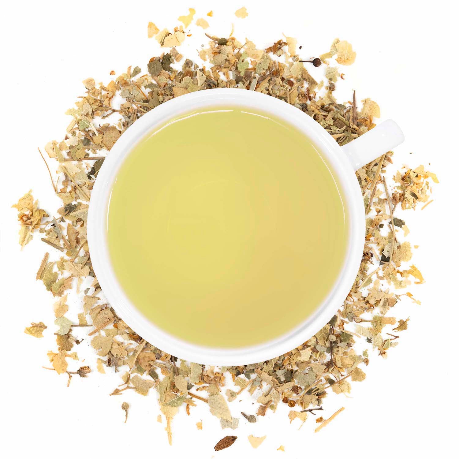 A white cup of Organic Linden Leaf tea surround by the loose leaf tea.