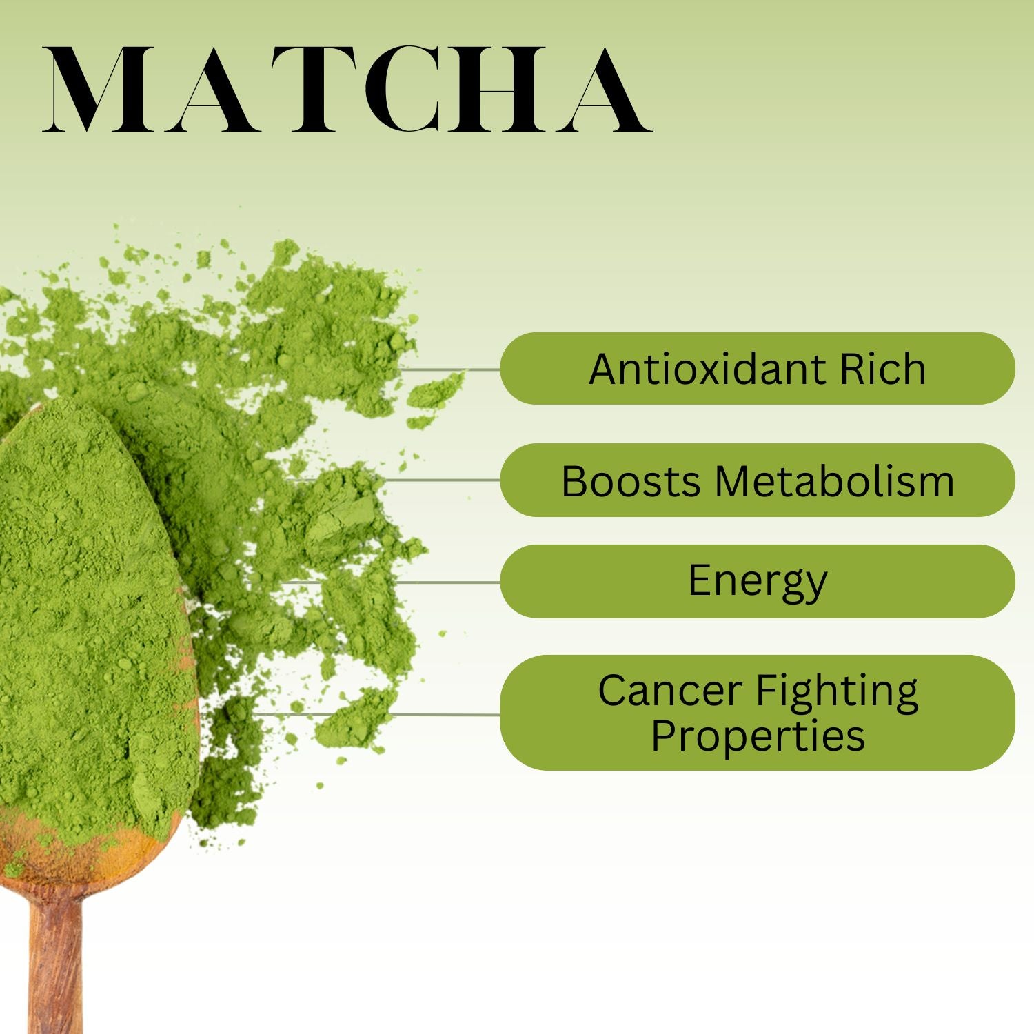 Matcha facts: antioxidant rich, boosts metabolism, great source of energy, and has cancer fighting properties. 