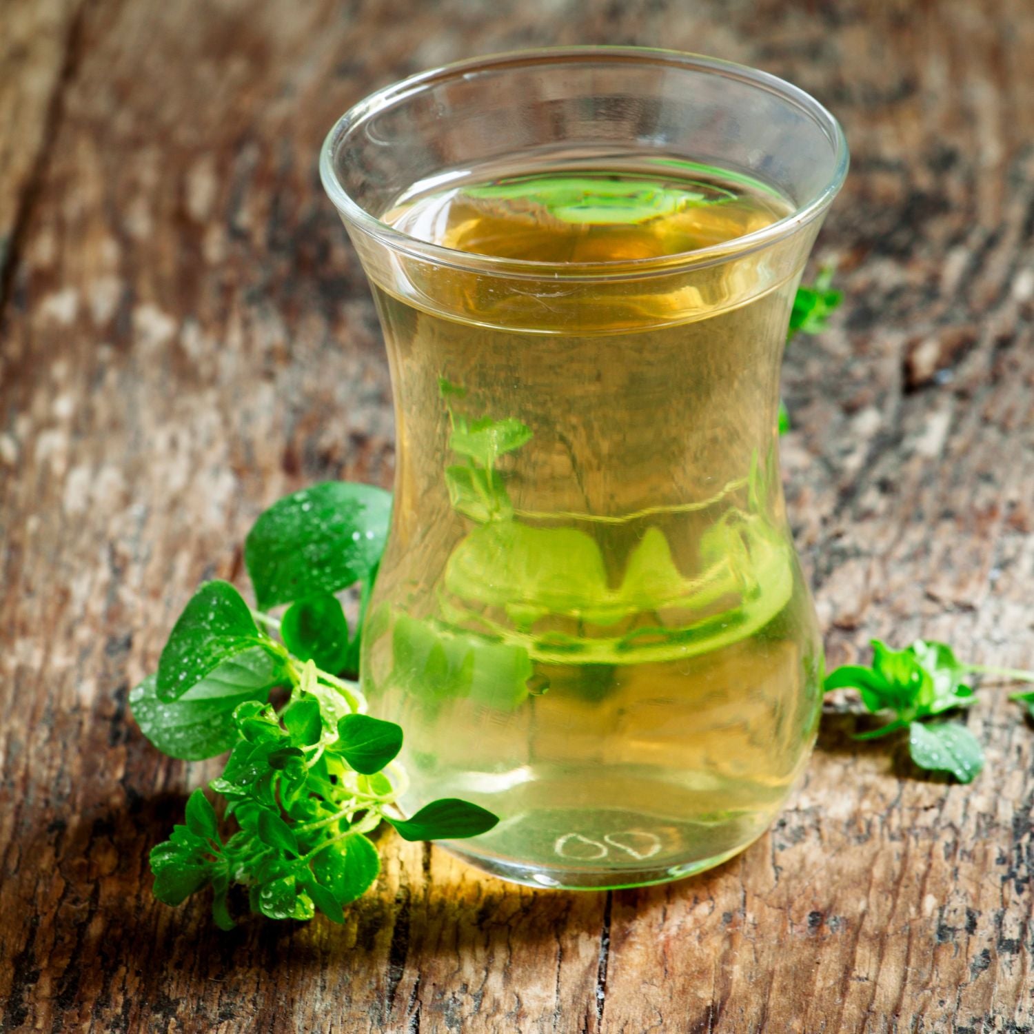 A clear cup of oregano tea with oregano leaves around it on a wooden surface. 