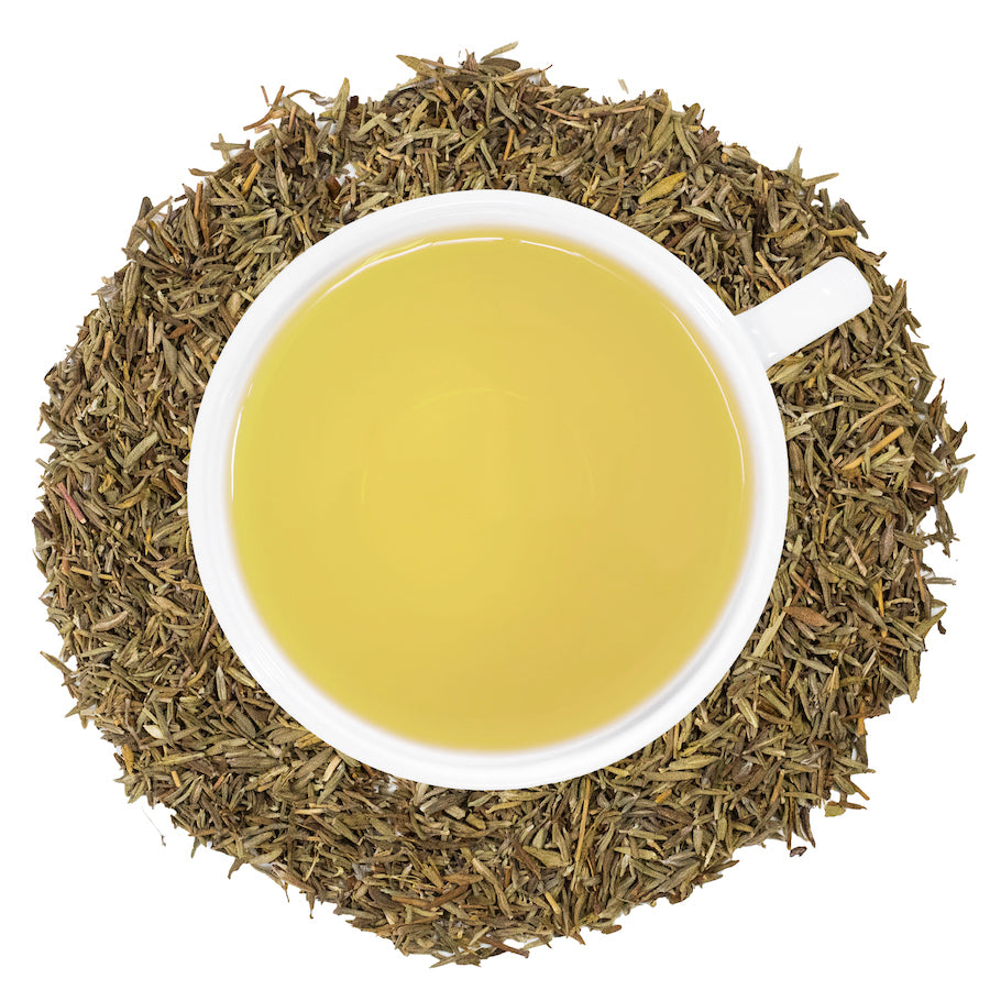 A white mug filled with thyme tea surrounded by thyme on a white surface. 